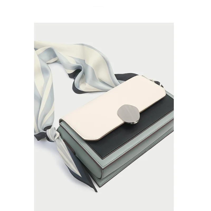 

Fashion Flap Bags Genuine Leather Color blocking Messenger Bags with Scarf