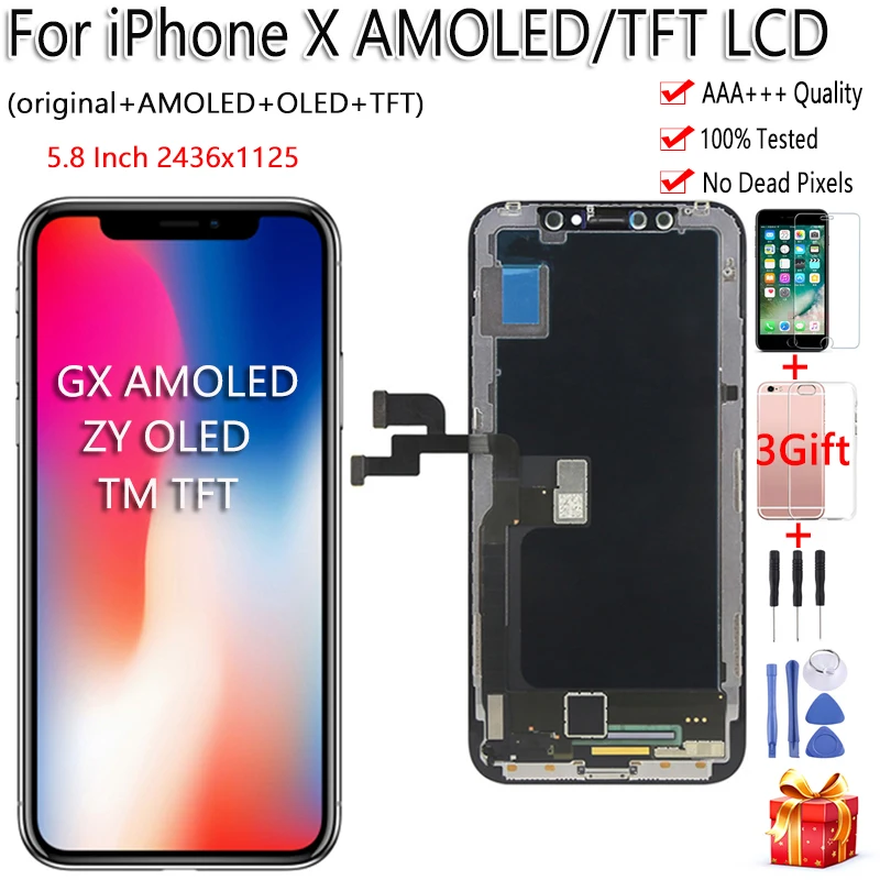 

Black ZY OLED For iPhone X LCD Display Touch Screen Tianma TFT GX Digitizer Assembly Free Tools For iPhone X LCD