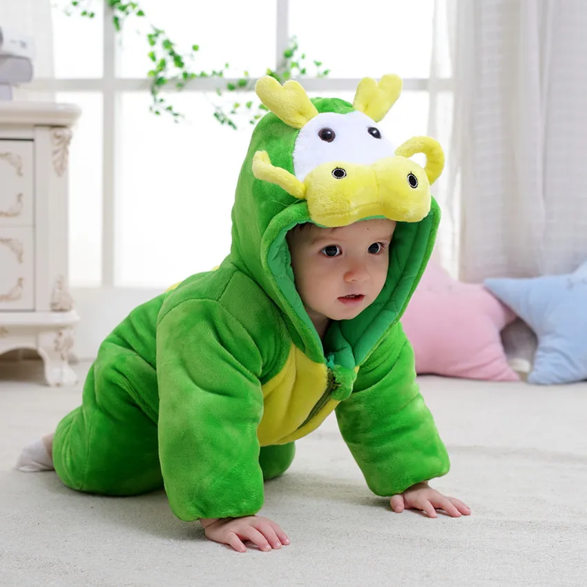 Детская верхняя одежда в зеленом драконе; зимние утепленные детские комбинезоны; милый дизайн с животными; цельнокроеная детская одежда с шапкой; J00485