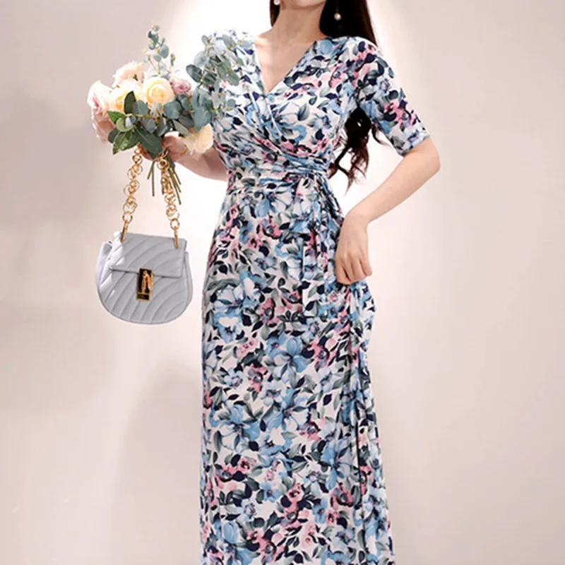 

Boho Style Vinage Printing Straight Wrap Dress Women Bandage Ruched Draped Dresses Fashion Casual Split Long Vestidos