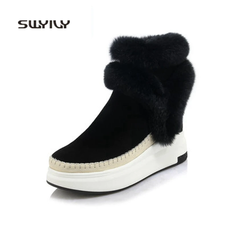 SWYIVY Women Walking Shoes 2018 Fur Plush Winter Warm Shoes Plus Velvet Platform Height Increasing Women Short Snow Boots Light