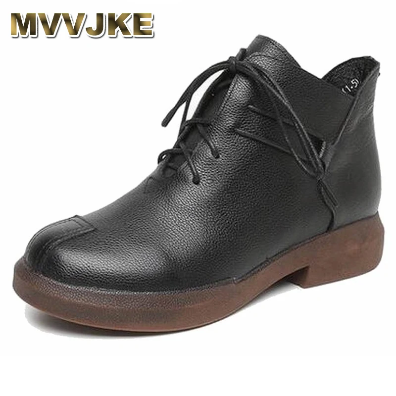 

MVVJKE New women Genuine Leather Boots Vintage Style Flat Booties Soft Cowhide Women's Shoes side Zip Ankle Boots zapatos mujer