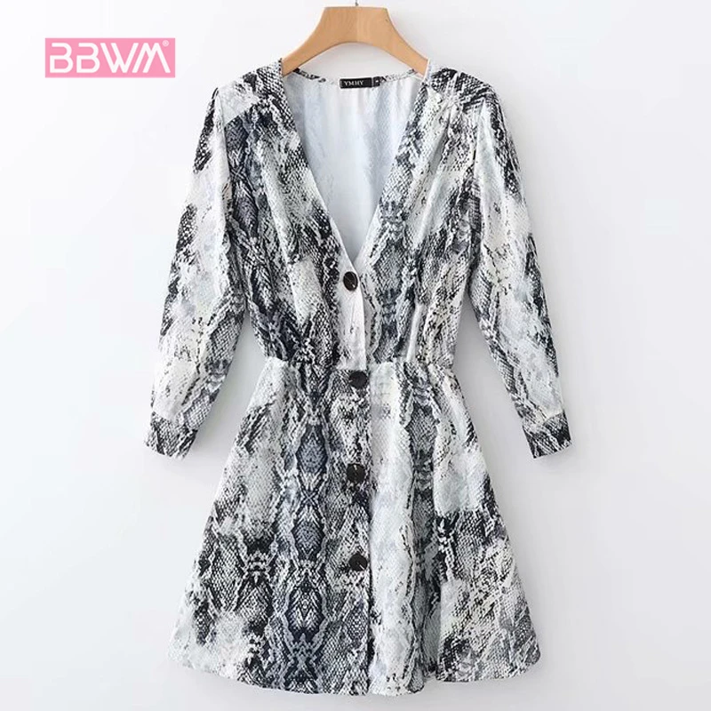

Elegant women's 2018 winter new V-neck long-sleeved animal print single-breasted mini female dress snake print women