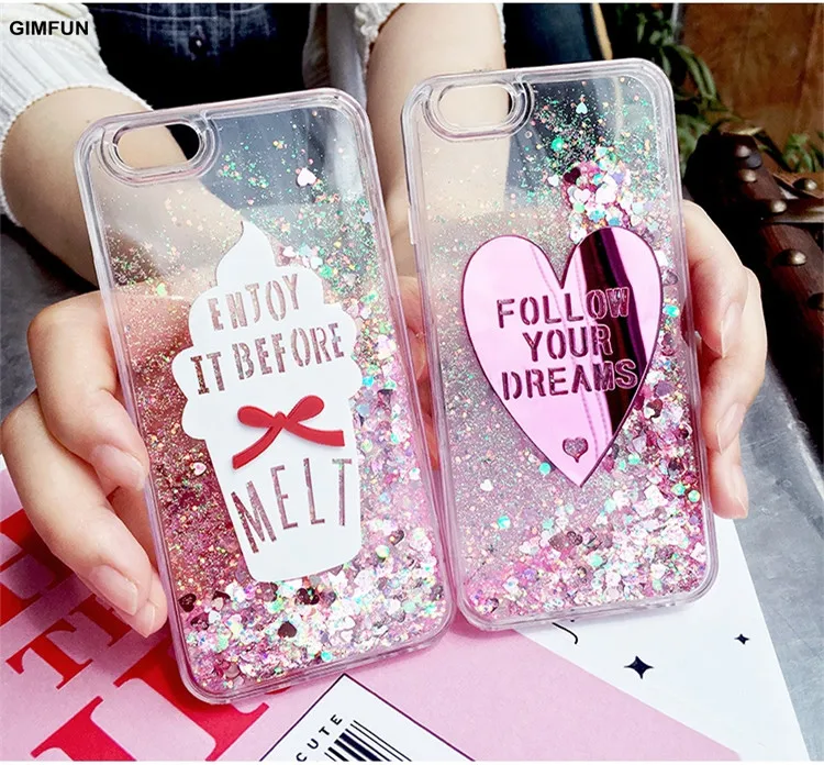 

GIMFUN Luxury Bling Pink Love Heart glitter Case quicksand hard pc Mirror Case Cover for Iphone x 6 6s 6Plus 7 7plus 8 5s case