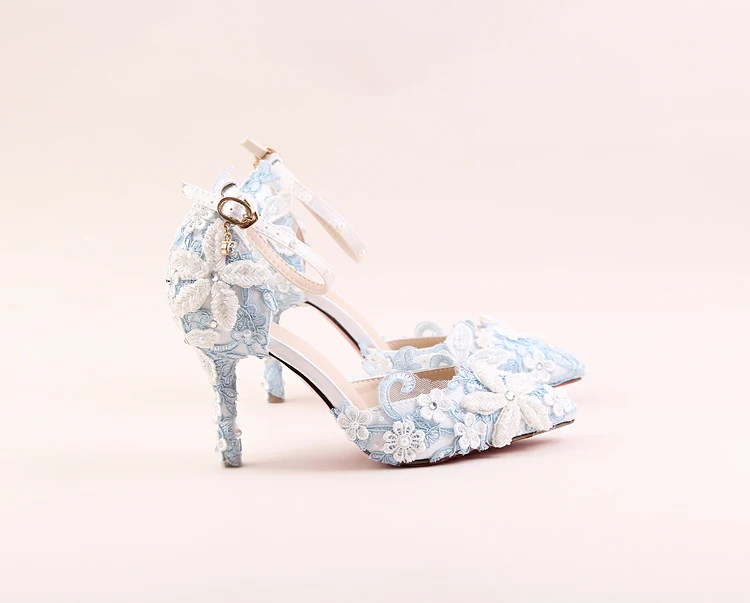 6_2017 Spring Blue Lace Flower Bridal Shoe White Pearl Diamond Rhinestone Wedding Shoes Pointed High Heel Sandals For Ladies