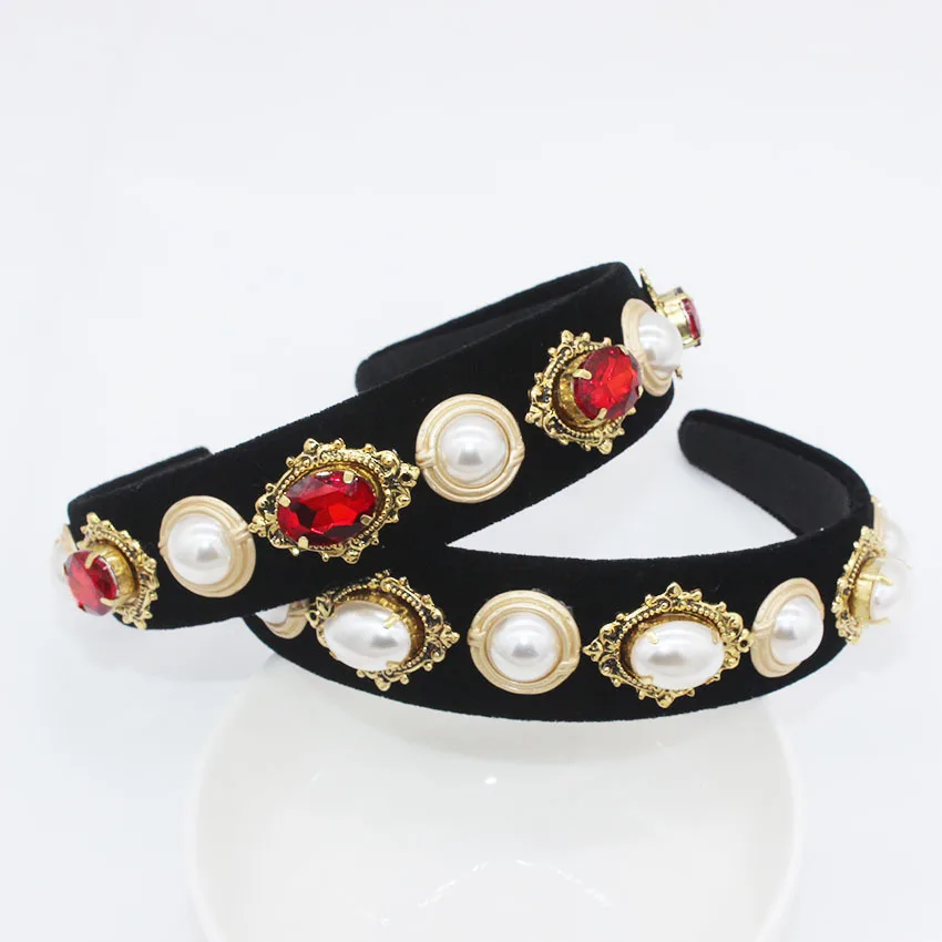 

Gem Headband Baroque Jeweled Women Jewel Diamond Hairband Pearl Velvet Hair Accessories Black Red Vintage Headwear Headdress