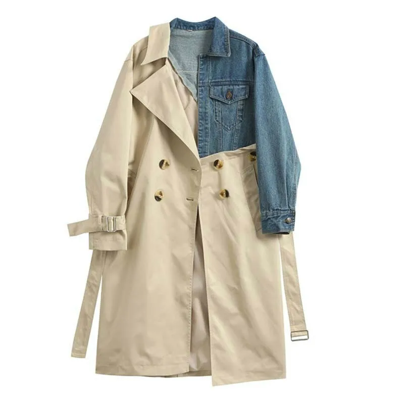 

2019 New Spring Summer Lapel Long Sleeve Khaki Hit Color Denim Stitcing Loose Sashes Windbreaker Women Fashion Tide