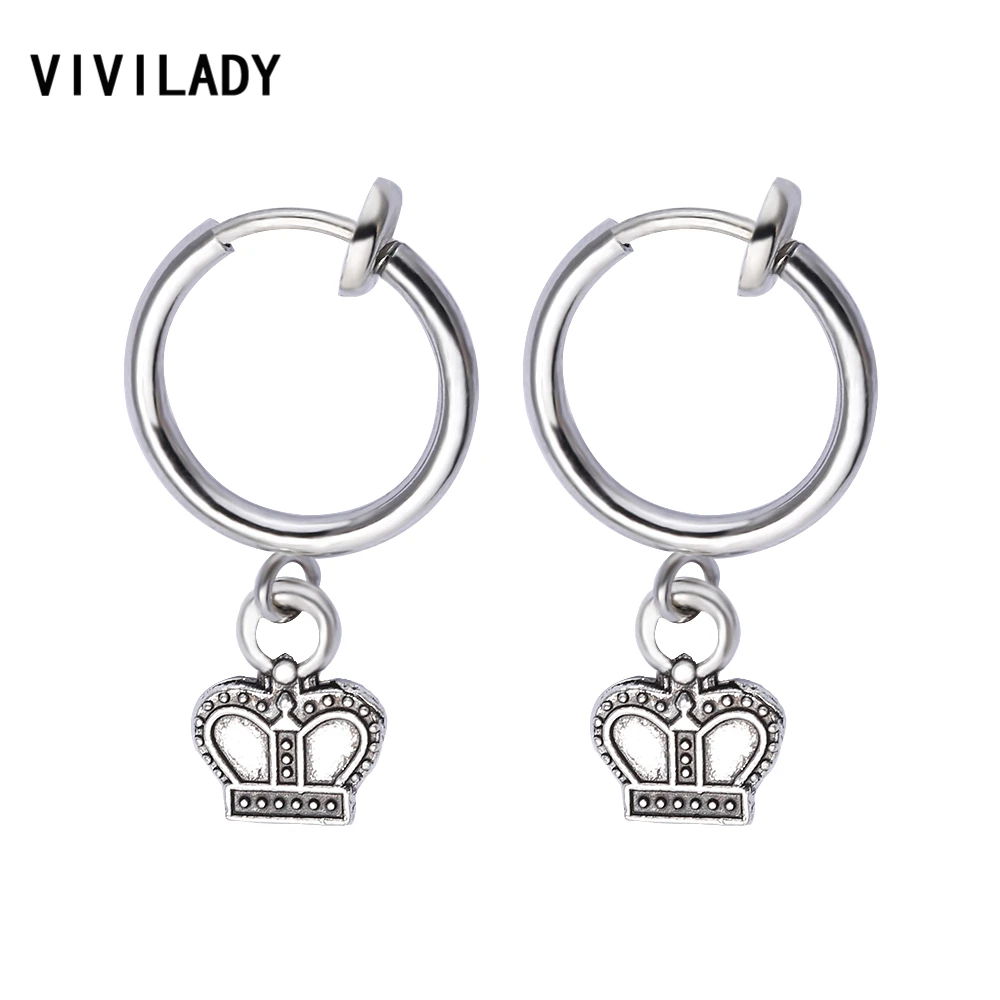 VIVILADY Trend Fake Piercing Crown Hoop Earrings Women Vintage Silver