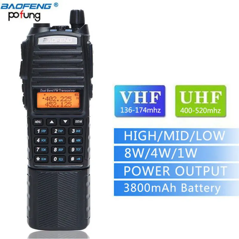 Baofeng UV-82 Plus Walkie Talkie 8 Вт Мощный 3800 мАч разъем постоянного тока батарея UV82 двойной PTT группа трансивер любительский BF UV 82 радио