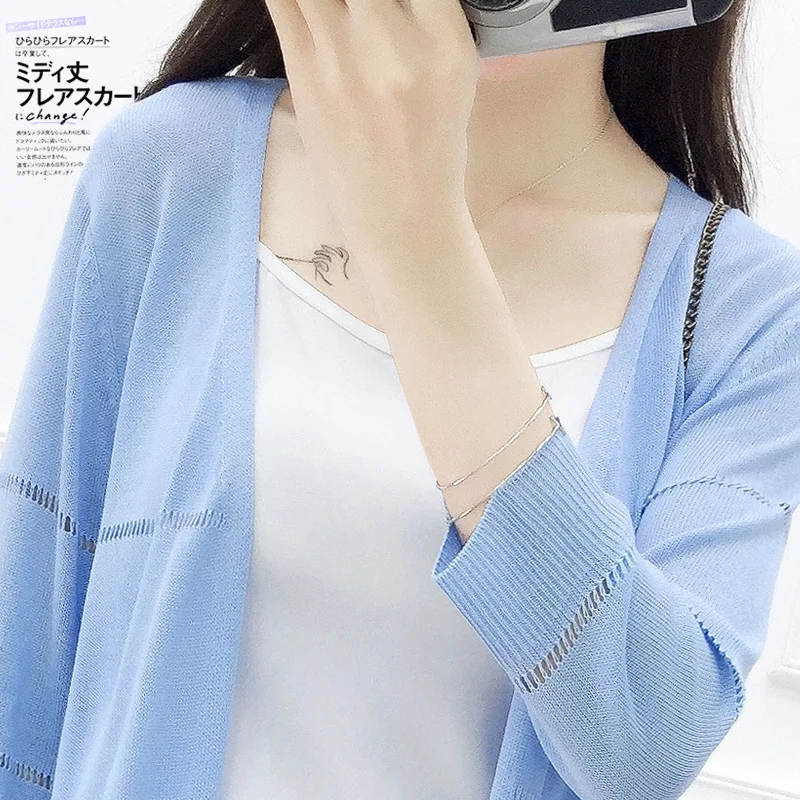 

Summer thin ice silk cardigan hollowed-out knitting with sunscreen clothing in the long loose cape coat