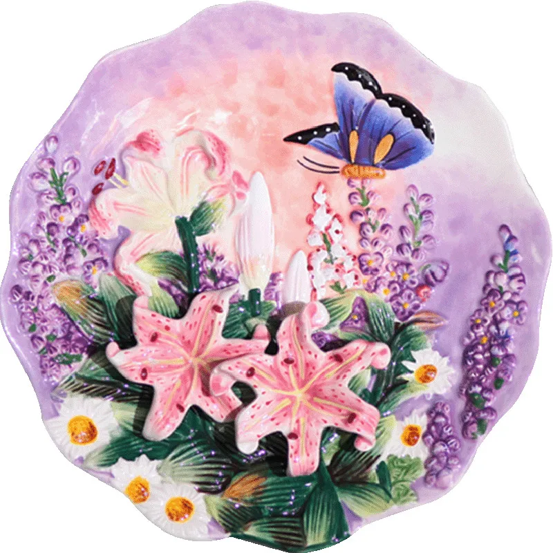 Handpainted Butterfly And Lily Hanging Plate Hanging Wall Plate Decorative Plate Ceramic Hanging Tray American Garden Plate 5