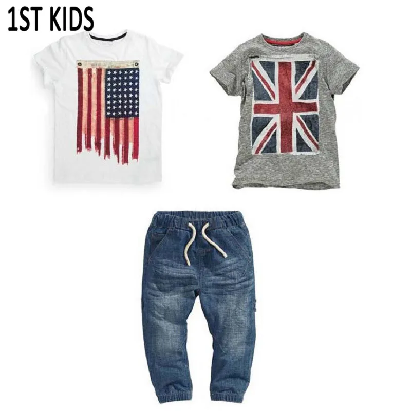 

2018 Fashion Summer Kids Boys Clothing Set Cotton Short Sleeve British And American Flag T-Shirt + Jeans Boys Clothes SDT0206