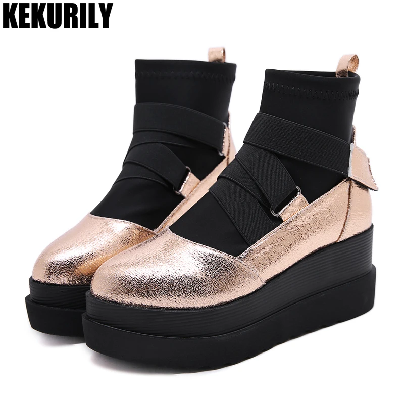 

Platform Wedge Ankle Boots Women Shoes Champagne Pointed toe Sock Boot Patent leather Heightening shoes Ladies Winter Booties