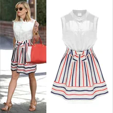 Womens Summer Style Fashion Stand Collar Stripes Spell Color Slim Sleeveless Dress Plus Size PA3251