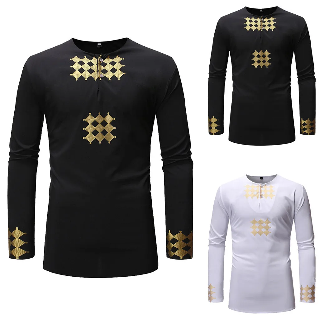 

African Print Autumn Winter Long Sleeve Dashiki Shirt Top Blouse for Men
