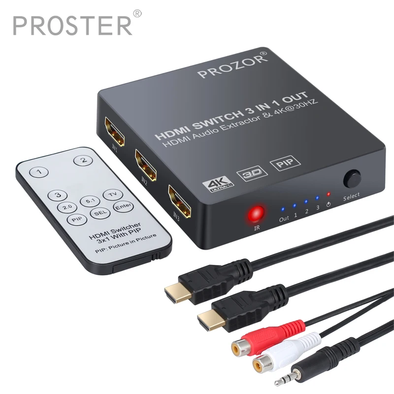 

Proster 3x1 HDMI Switch with Audio Extractor Converter Analog Optical Toslink SPDIF Output Support 4K 3D 1080P PIP HDCP1.4