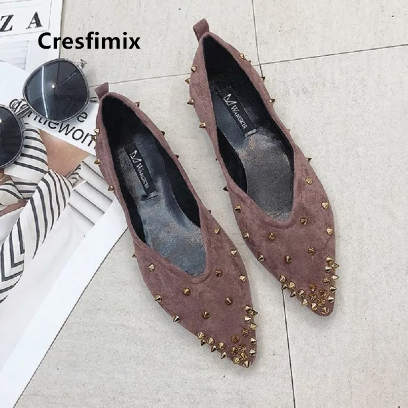 

Cresfimix Women Cute Brown Rivet Comfortable Flock Flat Shoes Lady Casual Black Slip on Flats Spring & Summer Leisure Shoe E5039