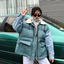 Уличная Хип-хоп мода поддельные два хлопок одежда BF красивый стоячий воротник тяните веревку теплый длинный рукав свободные пальто куртка