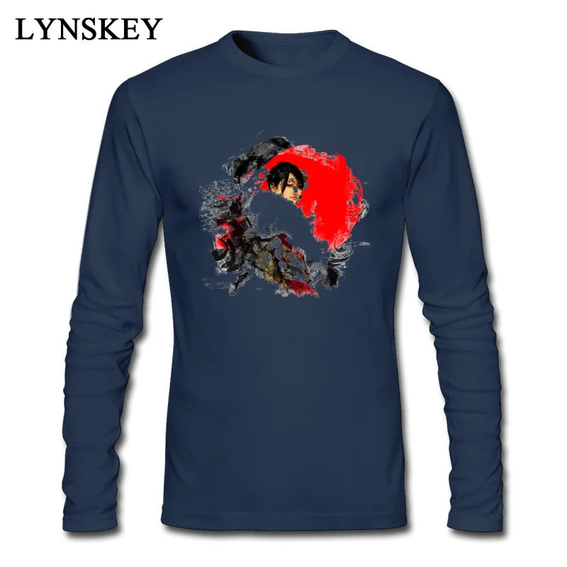 Cotton Fabric T-Shirt for Male Long Sleeve Custom Tops Tees Discount Summer/Autumn Print Japanese Geisha O Neck Tee-Shirt Japanese Geisha navy