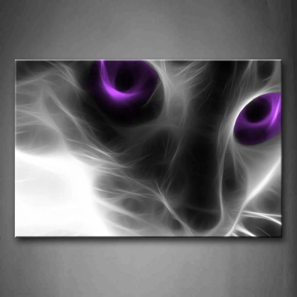 

Framed Wall Art Pictures Cat Purple Eyes Canvas Print Animal Modern Posters With Wooden Frame For Home Living Room Decor