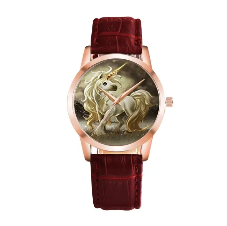 

Fashion Women Ladies Girl Dress Watches Unicorn Pattern gold case PU Leather Band Analog Quartz WristWatch Relogio femininos