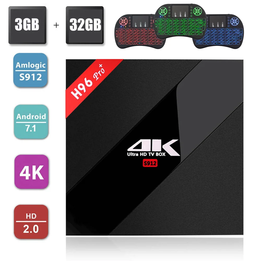 

H96 Pro Plus Android 7.1 TV Box Amlogic S912 Octa Core 3G RAM 32G ROM Bluetooth 4.0 Dual Wifi 1000M Ethernet 4K Smart TV