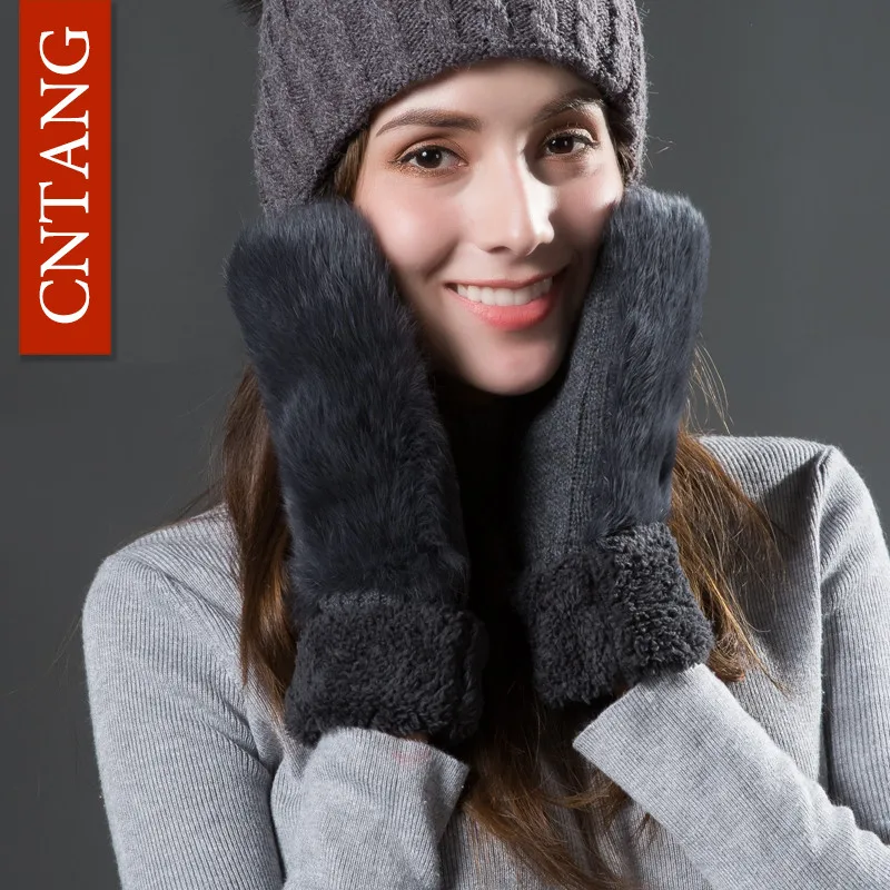 CNTANG, женские милые перчатки с натуральным кроличьим мехом, осенне-зимние теплые шерстяные варежки, перчатки для дам, модные вязаные бархатные женские перчатки - Цвет: Темно-серый