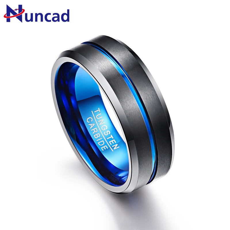Nuncad Men's 8mm Blue & Black Tungsten Carbide Rings Matte Finish Beveled Grooved Wedding Bands Size 7 to 12