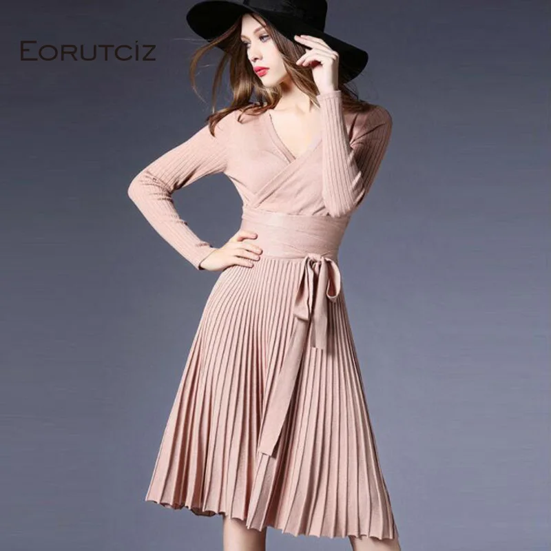 

EORUTCIZ Spring Knitting Dress Women Tunic Autumn Sexy Midi Basic Dress Long Sleeve Black Fashion Sweater Dress LM153