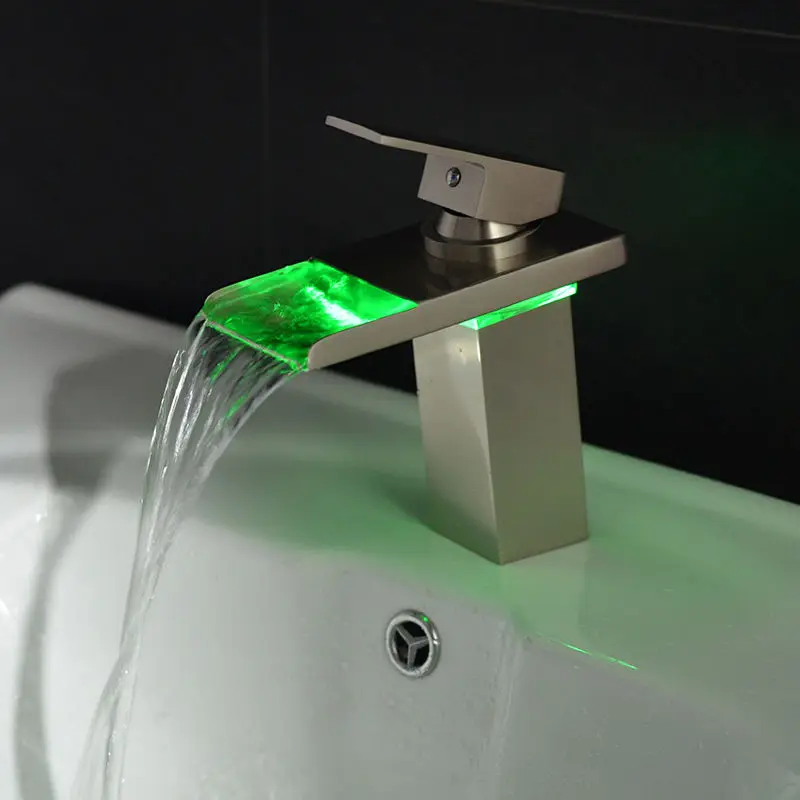 

Free shipping Brushed Nickel Bathroom LED Faucet Vessel Waterfall One Handle/hole deck mounted