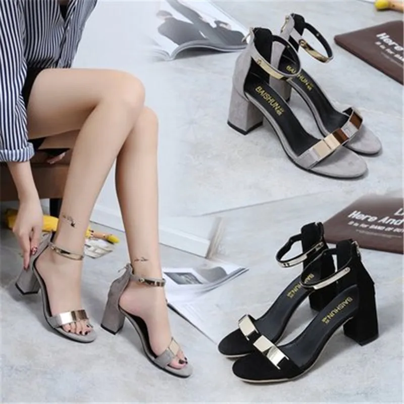 

Metal Buckle Summer Ladies Sandals Open Toe Shoes Thick With High Heel Sandals Party Dress Shoes Beach Shoes Outdoor Sandals
