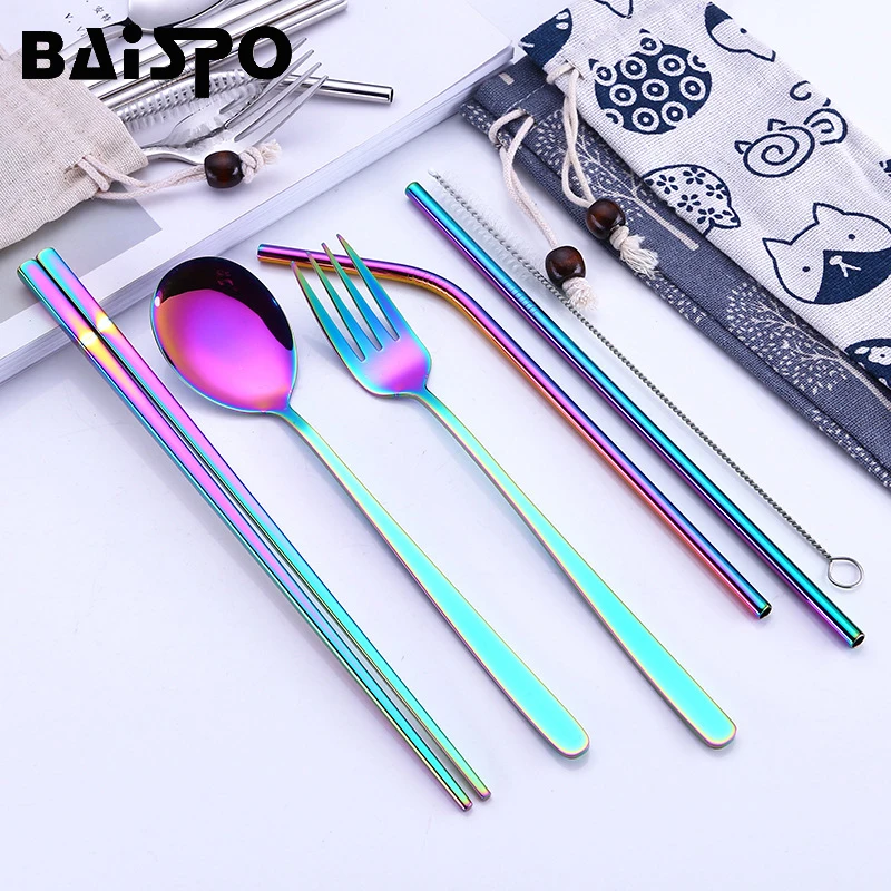 

MICCK 7pcs/set Portable Stainless Steel Dinnerware Set With Bag For Kid Travel Picnic Rainbow Flatware Cooking Kitchen Tool