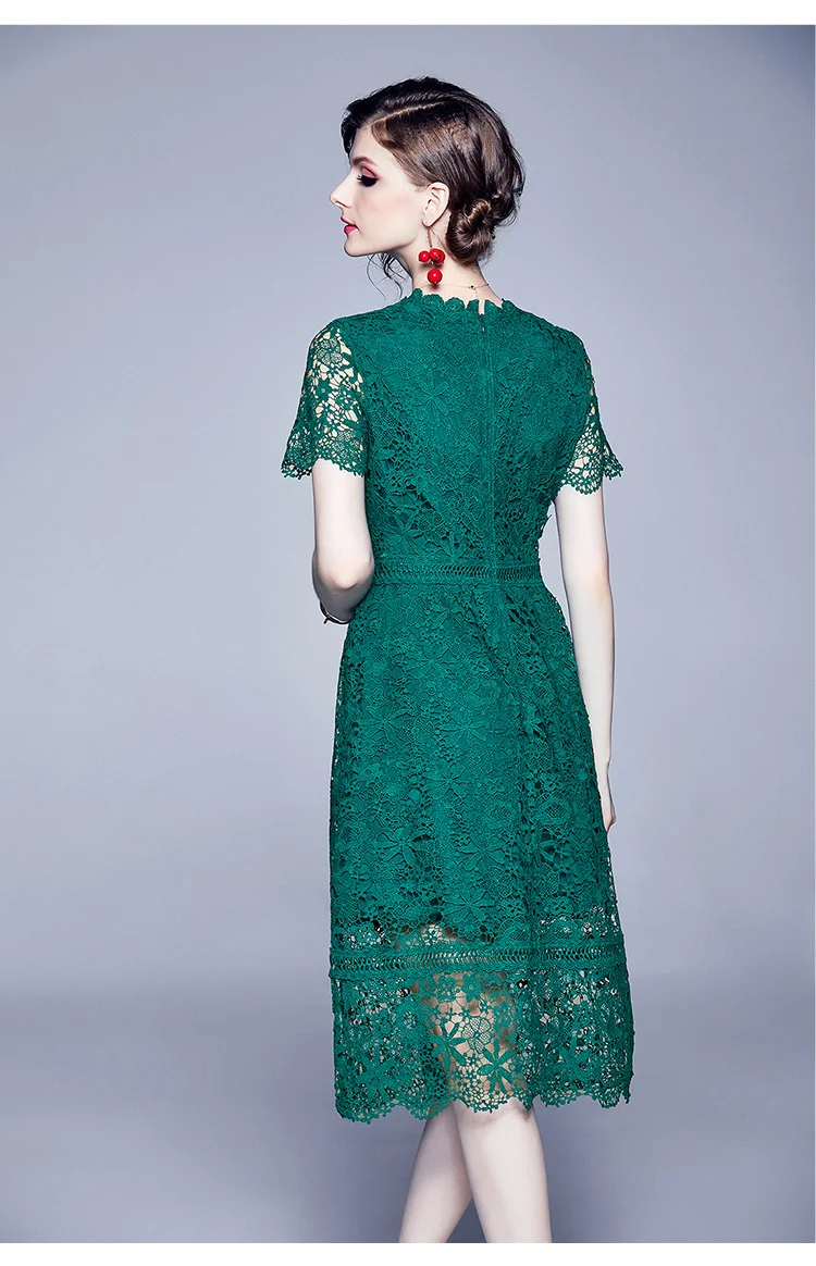 YiLin Kay Green/Pink lace stitching Hollow out summer dress fashion Runway Elegant lace Hollow-out crocheted long dress