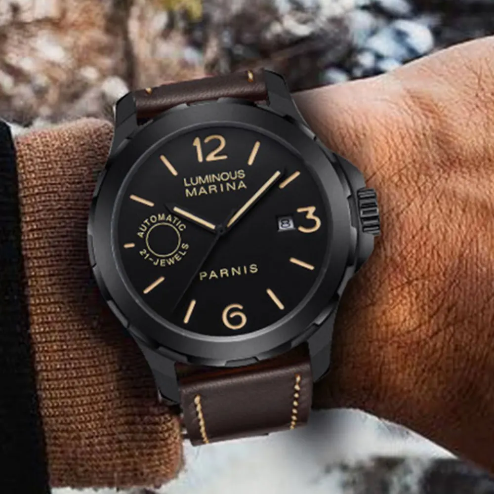 

2019 New Arrival Parnis 44mm Mens Watches Miyota Luminous Hands Mechanical Watches Luminous Waterproof Black Dial Watch Men Gift