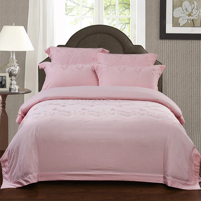 Pink / Blue Princess Style Washed Cotton Embroidery Bedding Set Duvet