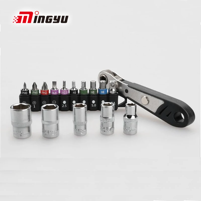 

16PC Mini Ratchet Sleeve Wrench Set Colorful Phillips Hex Bits Hex Key Wrench Socket Nut Driver Multi-purpose Combination Tools