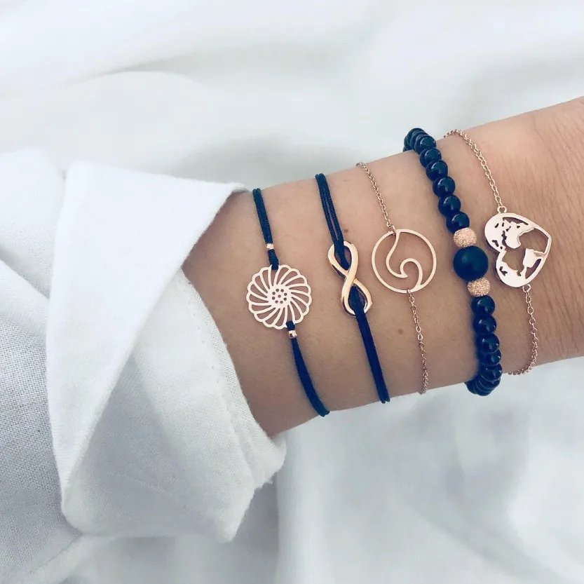 

Boho Hollowed out FLOWER Map black Bead Bracelets Set For Women Bohemia Chain Bracelet Jewelry 5 PCS/Set DropShipping