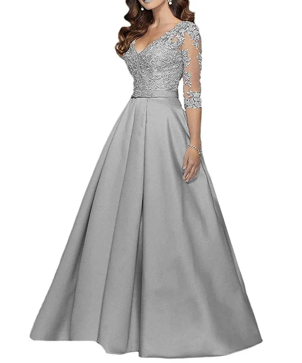 Новое поступление женское длинное платье с v-образным вырезом и аппликацией для матери невесты вечернее платье с бисером трапециевидный наряд для выпускного - Цвет: Light Grey