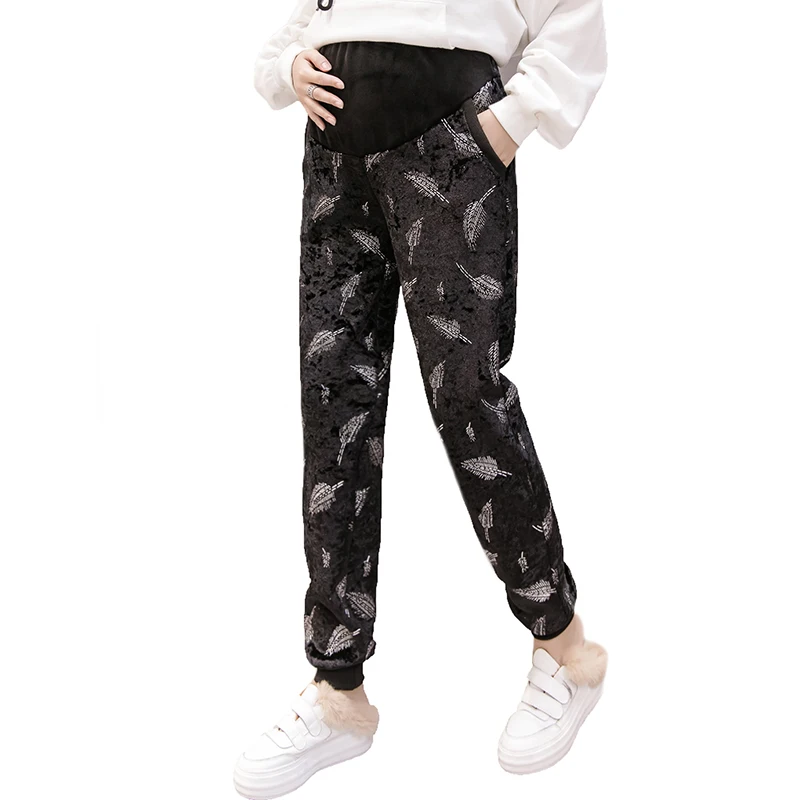 

Pregnancy Pants Winter High Waist Maternity Trousers Pregnant Women Loose Harem Pants Thick Velvet Printed Trousers Keep Warm