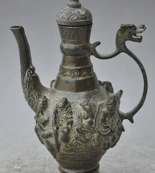 

7"chinese bronze 8 Immortal god buddha dragon head statue Wine Tea Pot Flagon
