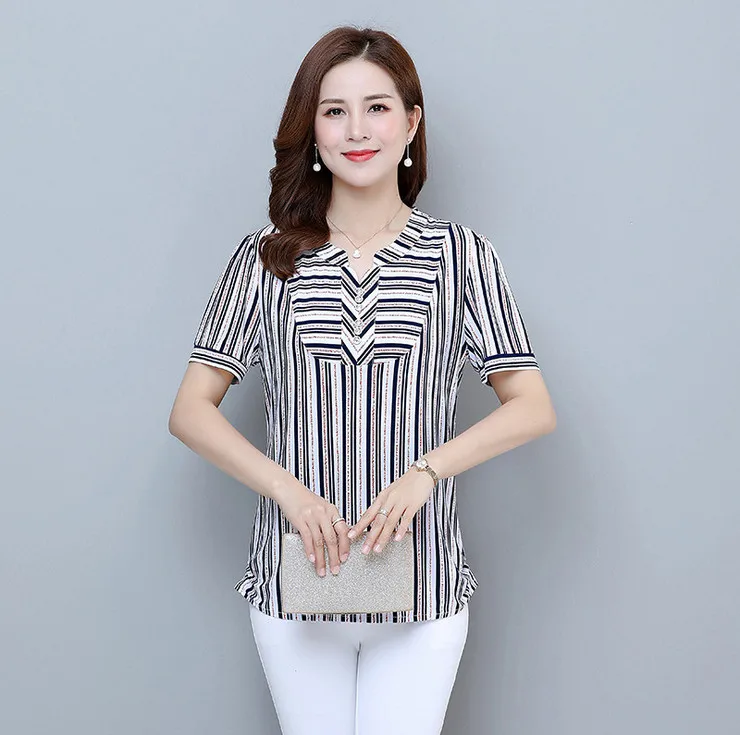 

striped short sleeve tee summer middle age mother shirt casual plus size for 5XL women tops t-shirts