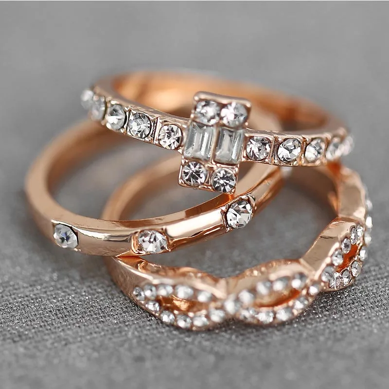 

Charm Jewelry 3 Pcs/set CZ Stone Rings For Women Rose Gold Geometry Intersect Crystal Rings Set Wedding Engagement Gift