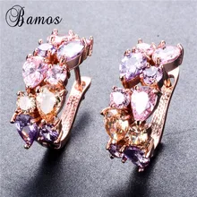 Бамос Одежда высшего качества мульти-Цвет розовое золотое покрытие Свадебные изысканные серьги-гвоздики Цвет Фул кубического циркония розового цвета в виде сердца, для влюбленных подарки
