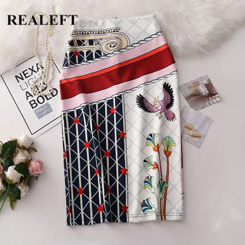 

REALEFT Women Vintage Owl Printed Pencil Wrap Skirts New Arrival High Waist Knee-Length Bodycon Sheath Midi Skirts for Ladies