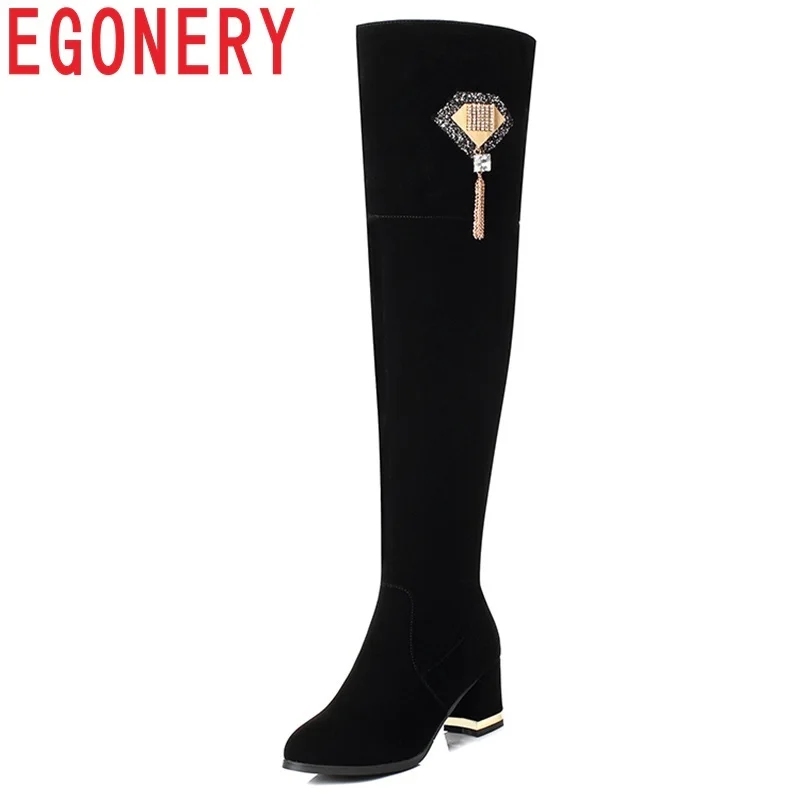 EGONERY 2018 new fashion round toe metal decoration party women over knee boots flock zip high hoof heels black large size shoes EGONERY 2018 new fashion round toe metal decoration party women over knee boots flock zip high hoof heels black large size shoes