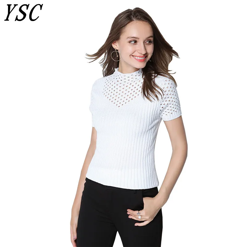 

YSC 2018 Autumn Hot Sales French style Cashmere Wool Sweater Half High collar Solid color half sleeve Hollowed out sweater