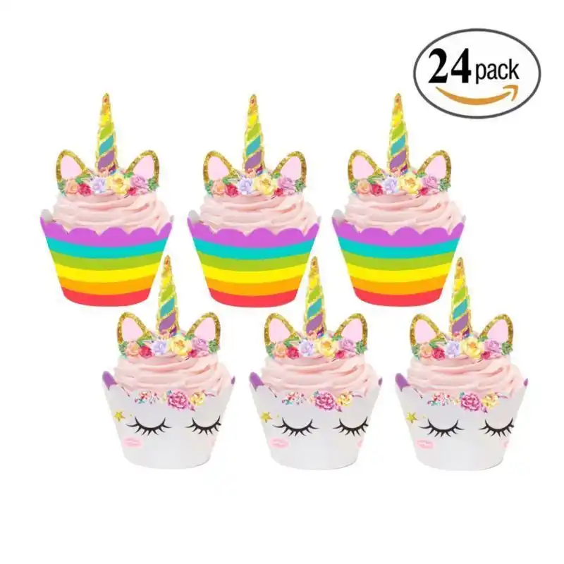 24pcs Cute Rainbow Unicorn Cupcake Cake Wrappers Toppers Baby Shower Kids Children Birthday Party Decorative Supplies
