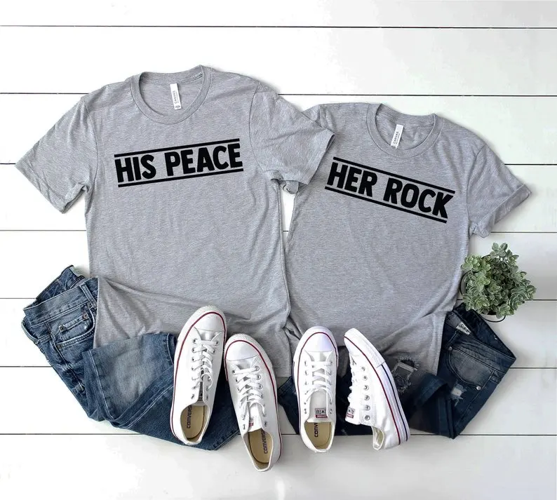 

Skuggnas New Arrival Her Rock His Peace Fashion Couple's T-shirt Honeymoon shirts Anniversary Gift Short Sleeve Couple's Tees