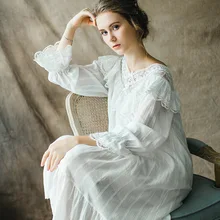 New Arrival Spring and Autumn Women Princess Bow Hollow Lace Cotton Nightgowns Lady Gowns Sleepwear Nightwear Vestidos QW1721