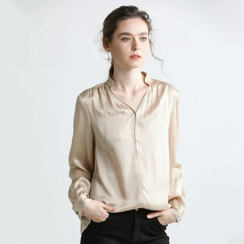 M 100 Red Manches V De Lavé Col À Printemps Satin Chemise Femelle Longues Soie Sable 2019 16 Nouveau En champagne 4wU7qxE